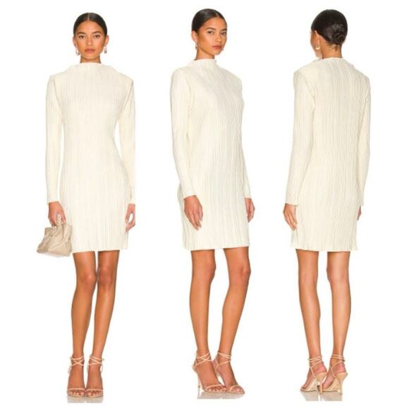 Anine Bing Kira Buttercream Padded Shoulder Accordion Pleated Shift Dress Small